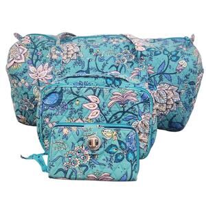 VERA BRADLEY SET OF 3 LARGE DUFFEL WALLET COSMETIC MAKEUP BAG TEAL PEACOCK BIRDS